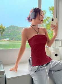 SHEIN EZwear Summer Outfits Solid Split Hem Tube   Top - Rose Red - View 4