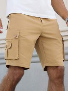 Manfinity Homme Pantalones cortos de bolsillo sencillos de unicolor para hombres, de uso diario - Caqui - Ver 6