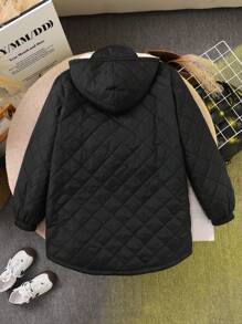 SHEIN Teen Girls Black Solid Color Contrast Hooded Fleece Jacket With Pockets,In Fall/Winter - Black - View 8