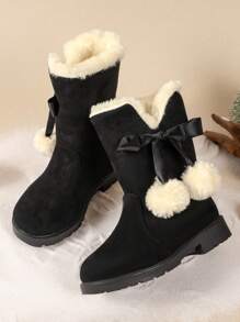 Bottes de neige de princesse d'hiver pour fille, bottes grandes chaudes doublées de fourrure avec décoration de nœud, chaussures d'hiver de bébé/tout-petit pour l'extérieur à Noël