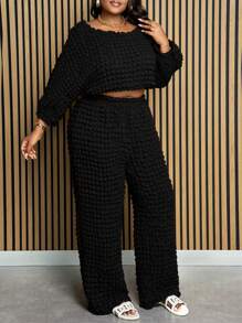 Slaydiva Women Plus Size Casual Fall Black Textured Fabric Dolman Sleeve Top & Pants, Fall Two Pieces Outfit