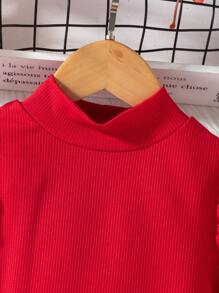 Christmas 2pcs Young Girl Urban Elegant Red Rib Knit High Neck Top And Red-Green Plaid Skort Set,Autumn,Family Matching,Back-To-School Party Outfit - Red - View 4