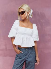 MISSGUIDED ملابس علوية بياقة مربعة وأكمام منتفخة بطبقة فستان مع شرائط للشعر