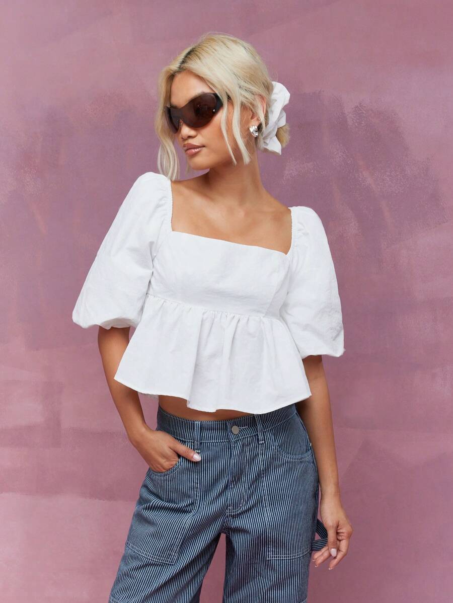 MISSGUIDED ملابس علوية بياقة مربعة وأكمام منتفخة بطبقة فستان مع شرائط للشعر