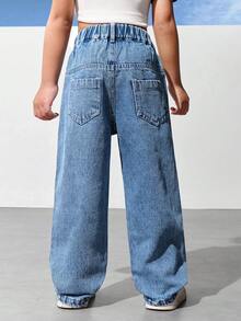 SHEIN Explorewe 年轻女孩休闲简约英伦卡通印花洗水舒适牛仔裤 - 中等水洗藍 - 查看 2