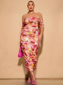 SHEIN BAE Plus Size Women Elegant Floral Print Off Shoulder Sweet Date Ruched Stretch Mesh Midi Dress - Multicolor - View 1
