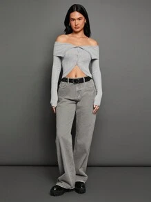 WESTFADE Cardigan tricoté côtelé avec épaules dénudées - Gris - Voir 9
