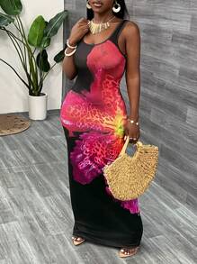 Slaydiva New Casual And Elegant U-Neck Sleeveless Slim Long Dress Black Bottom Large Flower Print Women's Long Dress - Multicolor - View 8