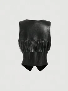 SHEIN MOD Chaleco de mujer corto y entallado de piel sintética (PU) con flecos, disfraz, chaqueta de piel negra, chaleco negro, chaleco negro con flecos, chaleco retro - Negro - Ver 2