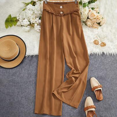 Solid Ruffle Trim Button Front Suit Pants