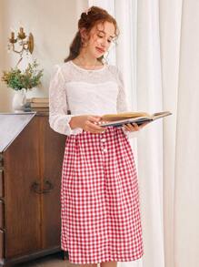 2pcs/Set Teen Girls Elegant Long Sleeve Lace Top & Plaid Skirt, Spring/Autumn - Multicolor - View 3