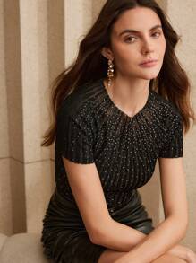 Anewsta Camiseta elegante de mujer de manga corta con detalles de rhinestone transparentes