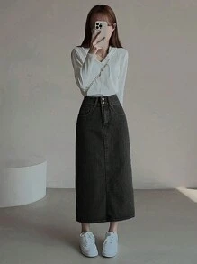 DAZY Women's Casual Distressed Denim Skirt With Side Slit Jeans Skirt - Black - View 3