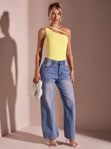 SHEIN BAE Bộ đồ liền thân màu trơn đơn giản hàng ngày dành cho nữ - Màu vàng - Xem 2