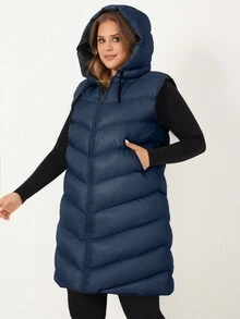 SHEIN Cottnline Abrigo acolchado sin mangas con capucha con cordón para mujer de talla grande - Azul Marino - Ver 5