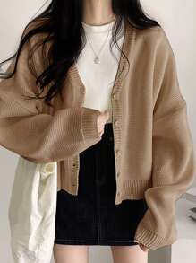 DAZY Áo khoác cardigan dáng rộng, thường ngày, trễ vai, tay dài, màu trơn, thu đông cho nữ - Rượu sâm banh - Xem 1