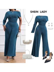 SHEIN Lady Autumn And Winter Elegant Vintage Work Casual Office Navy Blue Rib Knit Off The Shoulder New Product Plus Size Co-Ords Jumpsuit