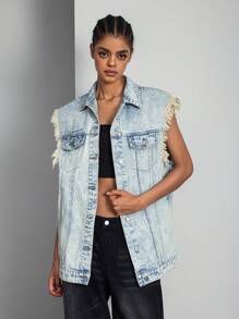 Women's Washed Denim Vest With Frayed Edges, Sleeveless - Light Wash - View 1