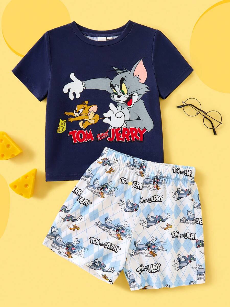TOM & JERRY X SHEIN 2 件套年轻男孩卡通印花蓝色短袖 T 恤和浅蓝色菱形格子短裤睡衣套装，夏季 - 藍色 - 查看 1