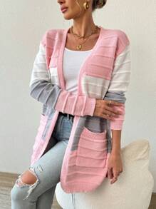 SHEIN LUNE Cárdigan de manga larga de punto con contraste de colores para mujer - Rosa - Ver 6