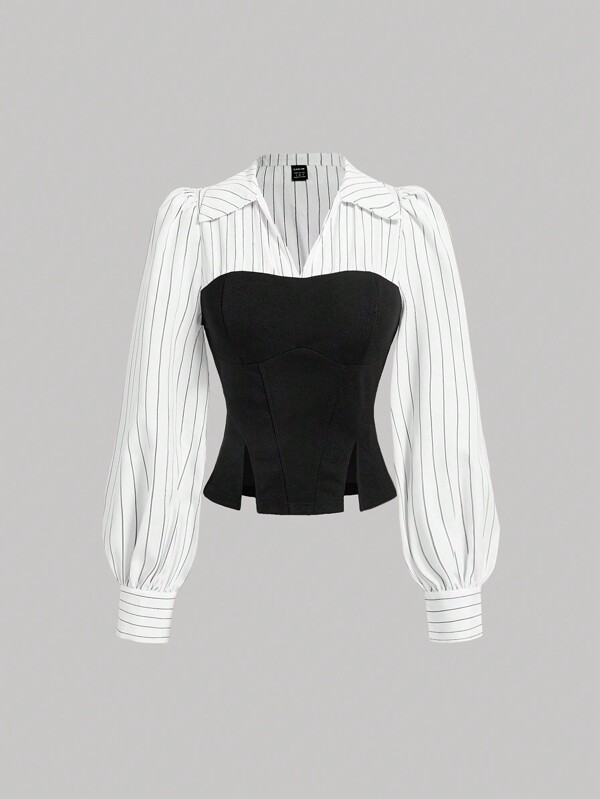 SHEIN MOD Black & White Striped 2 In 1 Corset Fitted Shirt, Casual Top,Fall / Winter Women Clothes