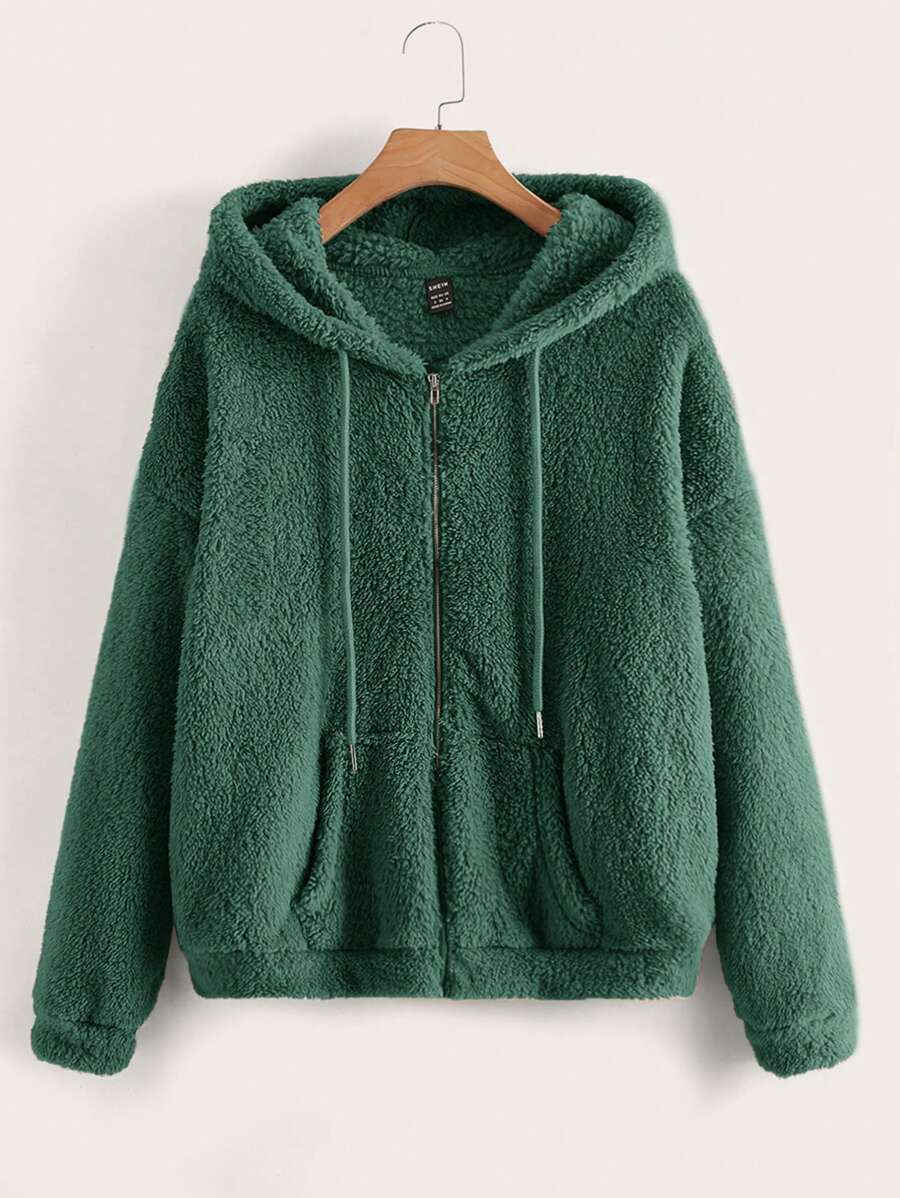 SHEIN LUNE Áo khoác nỉ trùm đầu màu trơn giản dị có dây rút, mùa thu đông - Màu xanh Ô liu - Xem 1