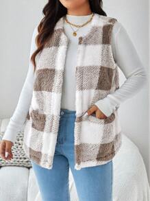 SHEIN LUNE Plus Size Autumn/Winter Casual Sleeveless Double-Sided Plaid Vest Winter Women Fall Vest - Multicolor - View 7