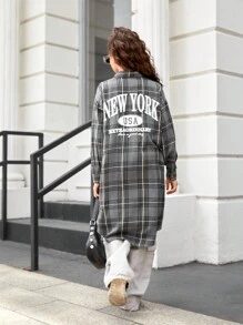 Tween Girl 复古学院风编织休闲格子字母图案落肩拼色高低下摆外套，长款衬衫外套 - 深灰色 - 查看 5