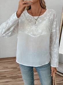 SHEIN LUNE 女士花卉印花圆领休闲宽松衬衫 - 白色 - 查看 1
