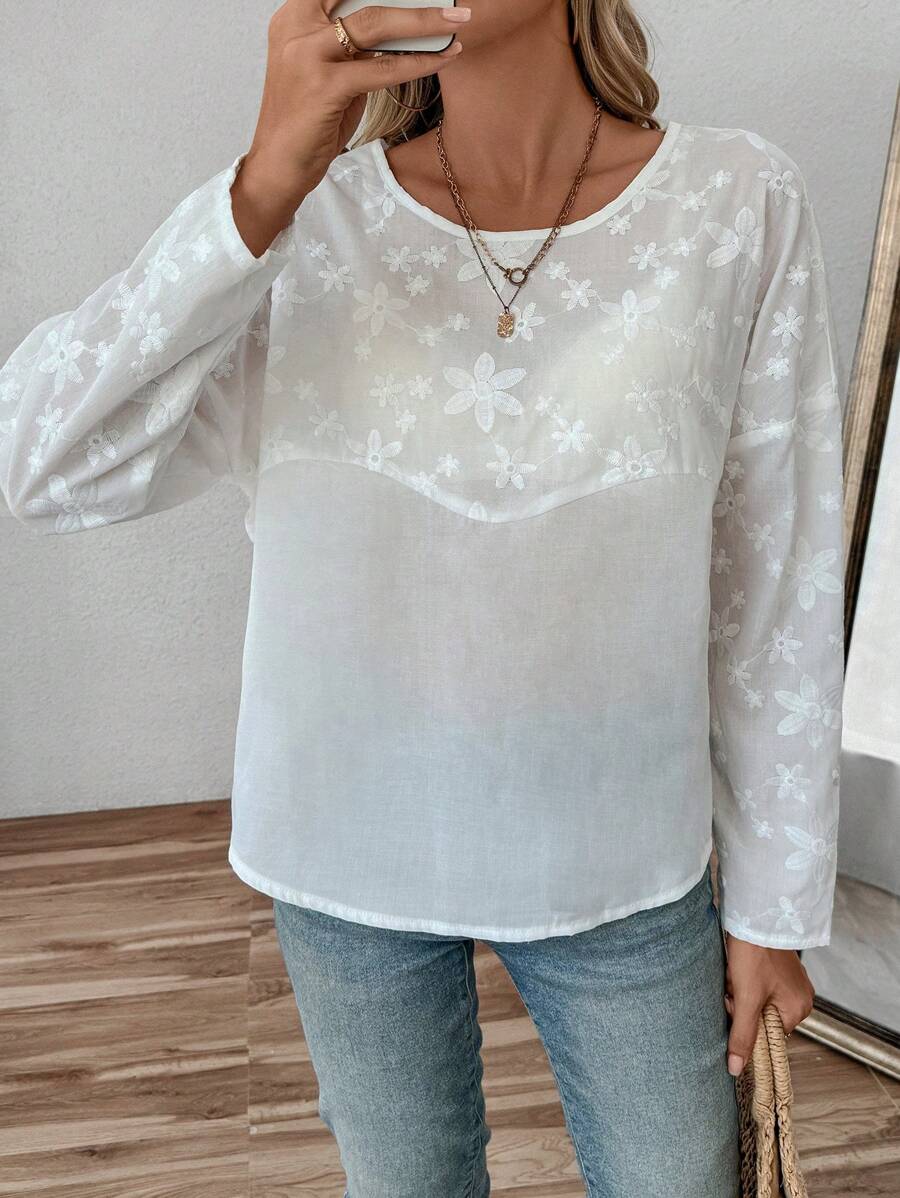 SHEIN LUNE 女士花卉印花圆领休闲宽松衬衫 - 白色 - 查看 1