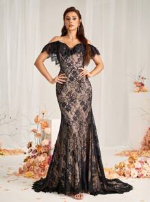 SHEIN Belle Elegante vestido de novia romántico con encaje transparente, clásico estilo francés con taza de encaje, espalda descubierta, atado, encaje floral y cola de pez con cola extremadamente larga - Negro - Ver 7