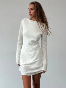 Aloruh Nowa elegancka żakardowa mini sukienka z odkrytymi plecami i rozszerzanymi rękawami