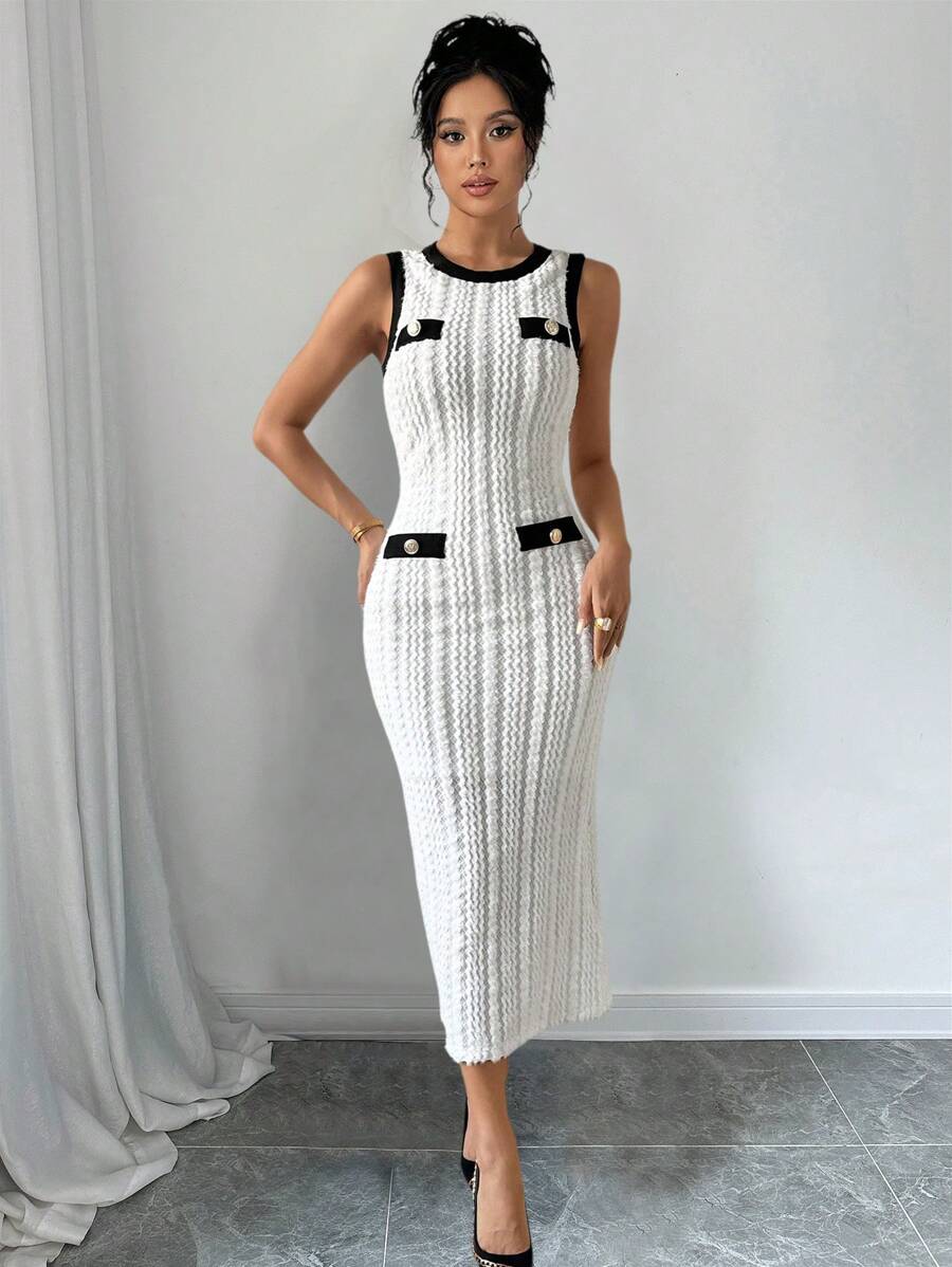 Chiquease 2024 New Chic Black & White Color Block Furry Textured Knit Dress - Apricot - View 1