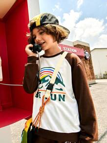 SHEIN 2pcs/Set Tween Boys Color Block Letter Print Casual Pullover And Pants Outfits, Suitable For Outdoor Daily Wear In Fall