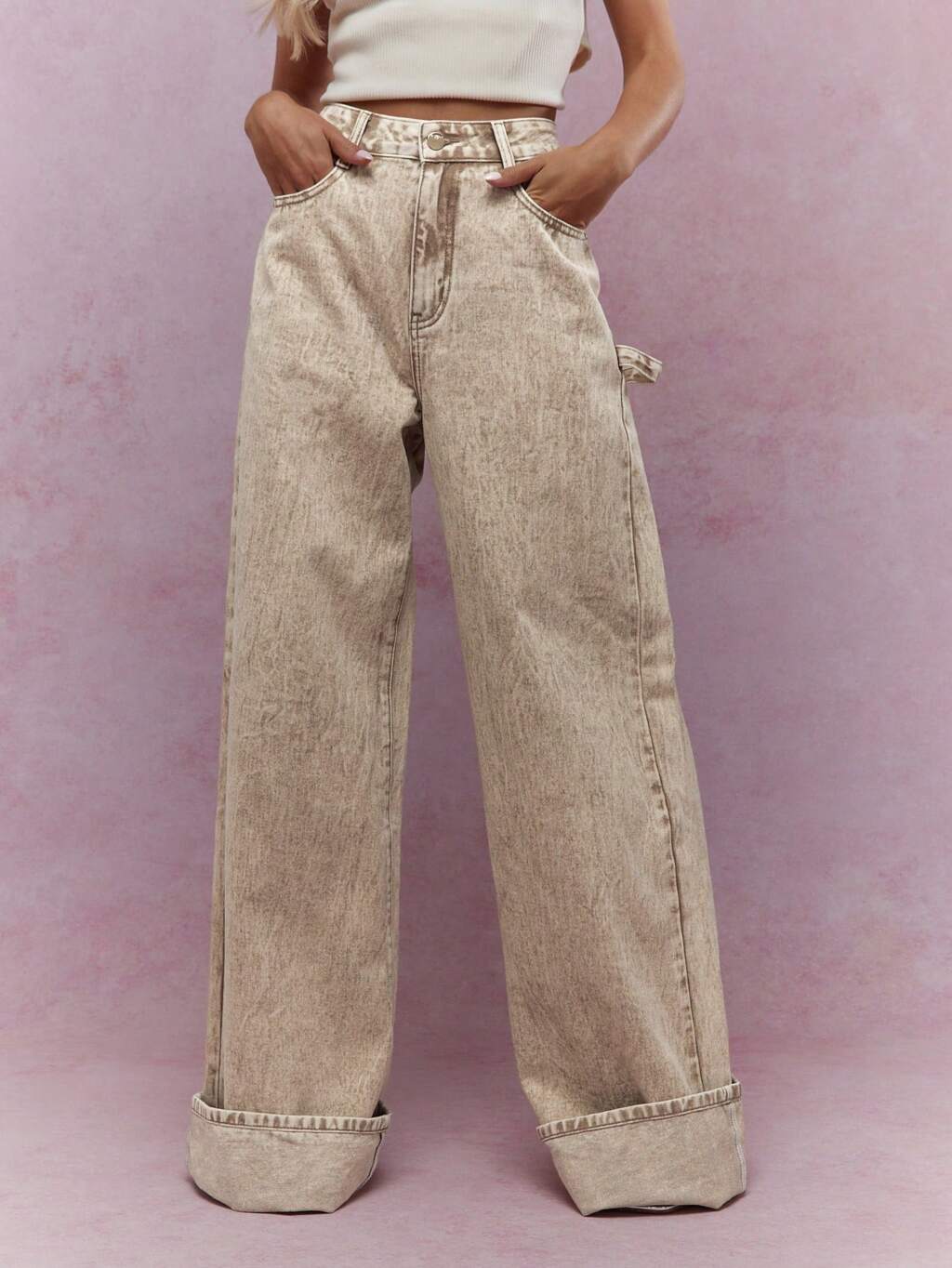 MISSGUIDED Jean à jambe droite avec ourlet plié lavé