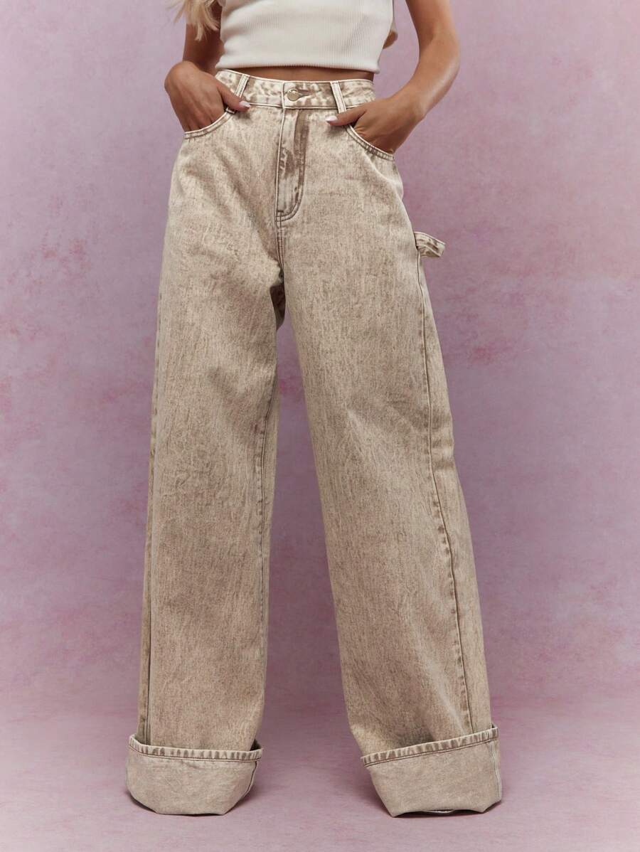 MISSGUIDED 水洗折边直筒牛仔裤 - 卡其色 - 查看 1