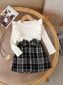 SHEIN 2 件装年轻女孩休闲纯色圆领运动衫和格子裙返校装 - 黑與白 - 查看 1