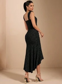 SHEIN BAE Summer White Sexy Texture Jacquard Off-Shoulder Maxi Dress With Hollow Back And Elegant Fishtail Hem, Elegant And Suitable For Gatherings, Back-To-School Season Dresses, Wedding Banquets, Cocktail Parties, Bridesmaid Dresses, Holiday Maxi Dresses, Corset Dresses Summer Outfits For Women/Spring Clothes/Valentine Day Outfit/Carnival/Beach Vacation Outfits - Black - View 2
