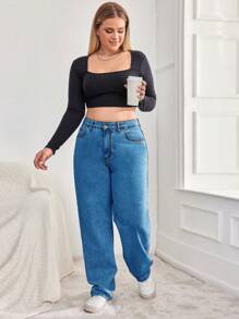 RueChic 100% Cotton Women's Relaxed Fit Plus Size Light Wash Mom Jeans