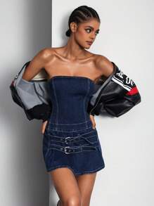 Váy denim thông thường có thắt lưng đơn giản - Màu xanh lam - Xem 2