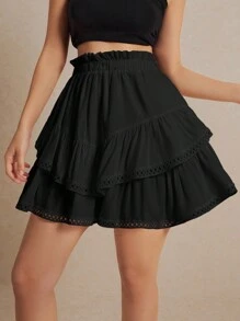 Poéselle Falda negra de cintura alta con volantes en el bajo, empalmada con encaje, adecuada para vacaciones de verano - Negro - Ver 4