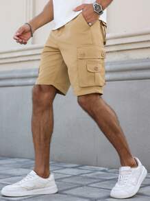 Manfinity Homme Pantalones cortos de bolsillo sencillos de unicolor para hombres, de uso diario - Caqui - Ver 3