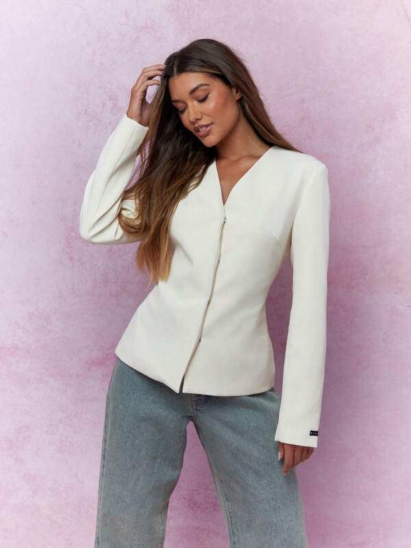 MISSGUIDED Collarless V Neck Long Sleeves Fitted Jacket Winter Wear