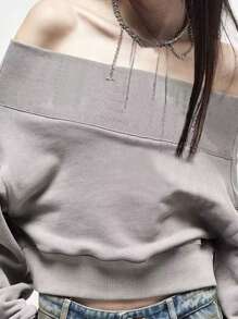 INAWLY 女士纯色露肩长袖休闲宽松卫衣，秋冬套头衫 - 灰色 - 查看 1