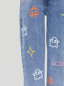 Young Girls' Simple Casual Halloween Cute Print Uneven Waistband Loose Straight Leg Jeans - Medium Wash - View 3