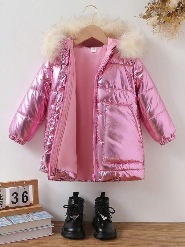 SHEIN Casaco acolchoado com capuz elegante de inverno para meninas com colar reflexivo a laser