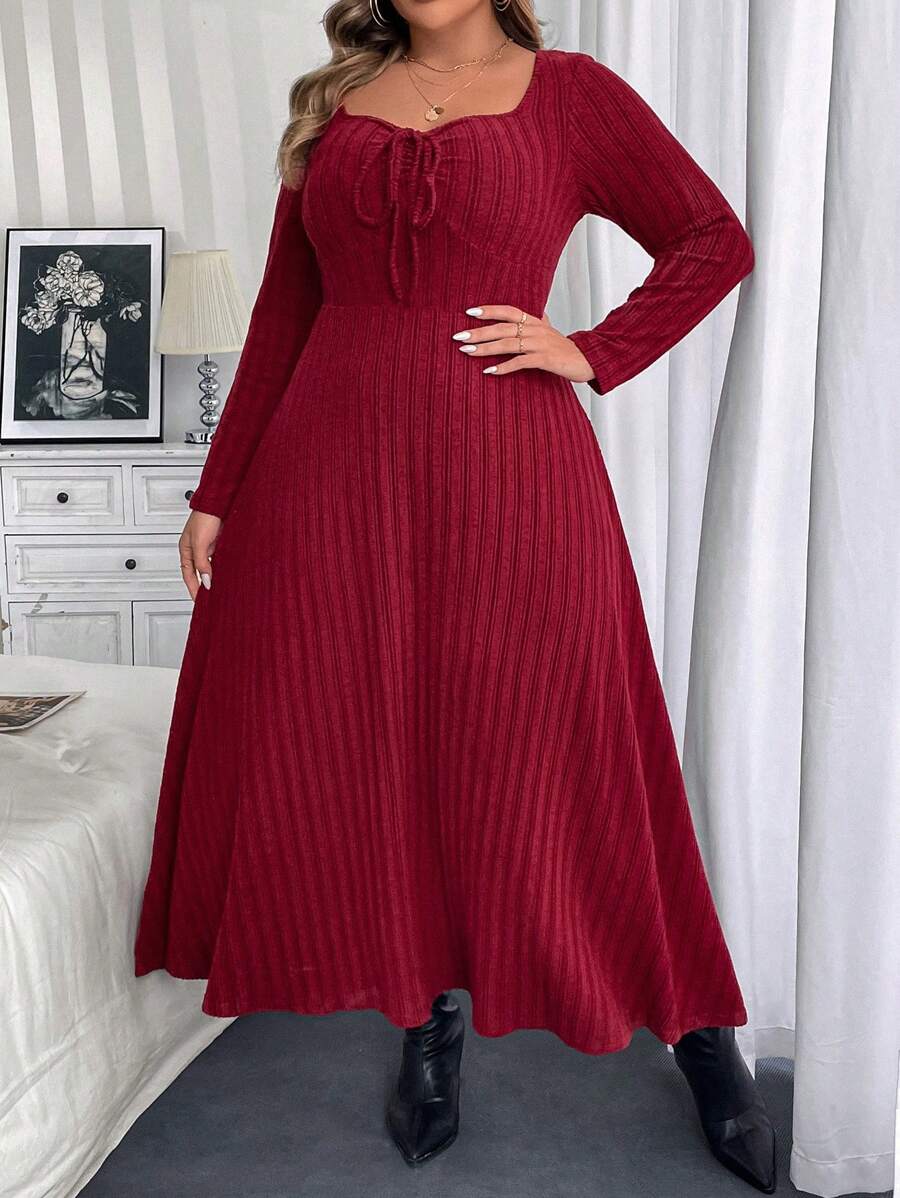 Calvaya Plus Size Solid Color Long Sleeve Dress, Spring & Autumn For New Year Clothes Maxi Women Outfit - Red - View 1