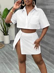 Slaydiva Casual Beach/Boho/Boho Women's Clothing/Festival Outfits For Women/Rave/Easter Outfit Women/Old Money Style Women/Country Concert Outfit/Going Out Outfits/Fairycore/Festival Outfits/Airport Outfit For Women/Western Outfits For Women/Tropical Vacation Women Clothes Shirt Collar Short Sleeve Cropped Top And Split Mini Skirt Two Pieces Set - F - White - View 5