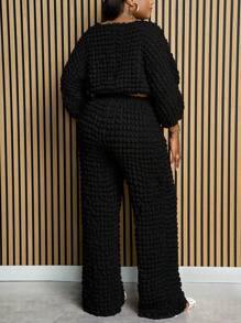 Slaydiva Women Plus Size Casual Fall Black Textured Fabric Dolman Sleeve Top & Pants, Fall Two Pieces Outfit