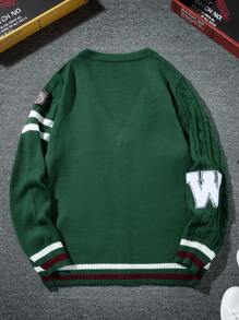 Aesthetic Post--Men's Green Letter Sweater Spring & Autumn Casual Rib Knit Cardigan With Letter Patch Back To School Drop Shoulder Dark Green Chunky Academia Color Block Cardigan, For Husband, Boyfriend Gifts, Long Sleeve Top - Green - View 2